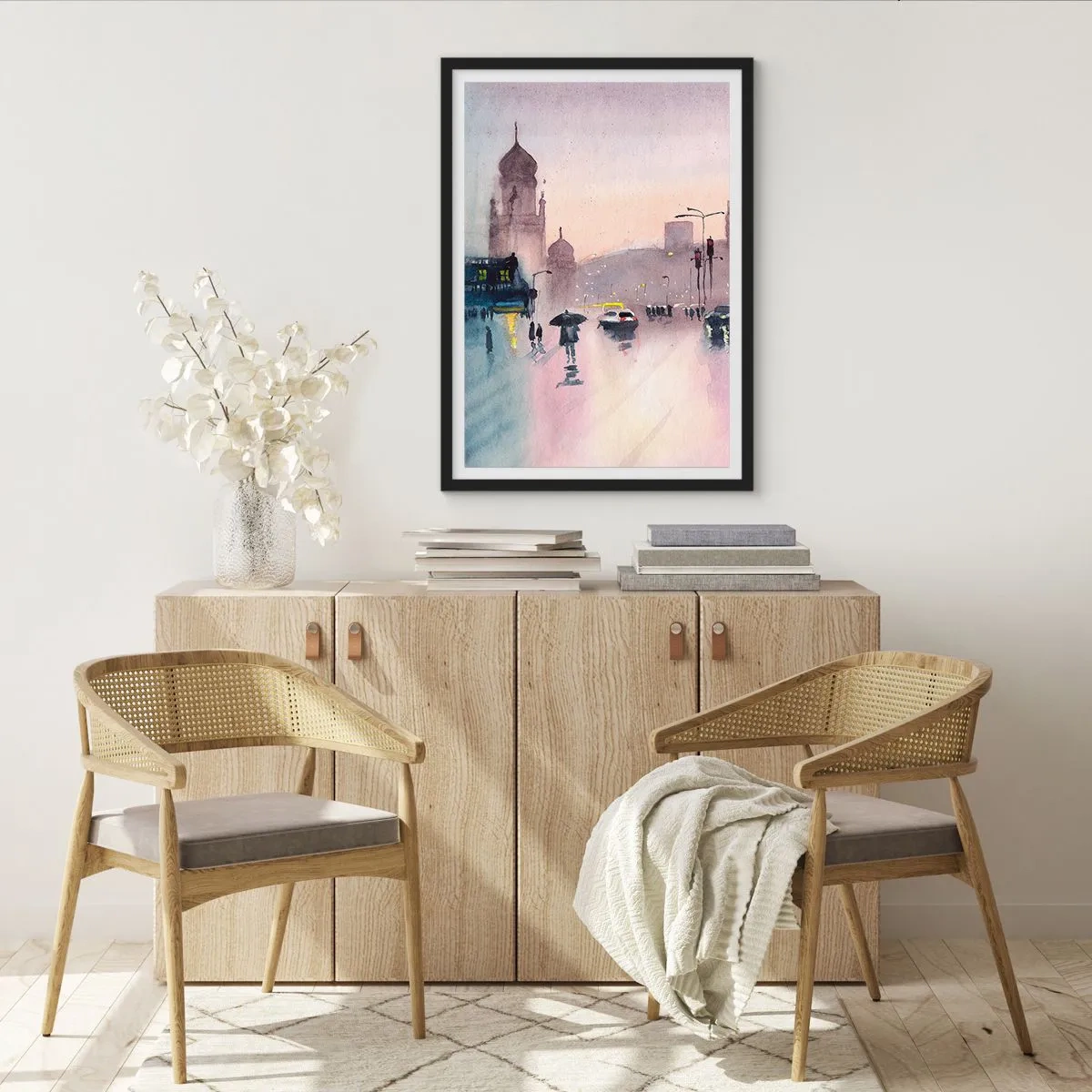 Plagát v čiernom ráme - Mestská scéna so siluetami ľudí a svetiel v dažďovej hmle - 50x70cm - V daždivom opare - Moderná nástenná dekorácia do obývacej izby a spálne ARTTOR