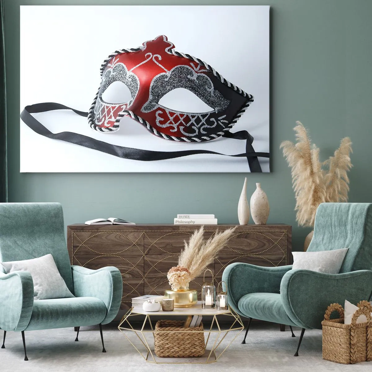 Obraz na plátne - Červená karnevalová maska na svetlom pozadí - 70x50cm - Pozvánka na bál - Moderná nástenná dekorácia do obývacej izby a spálne ARTTOR