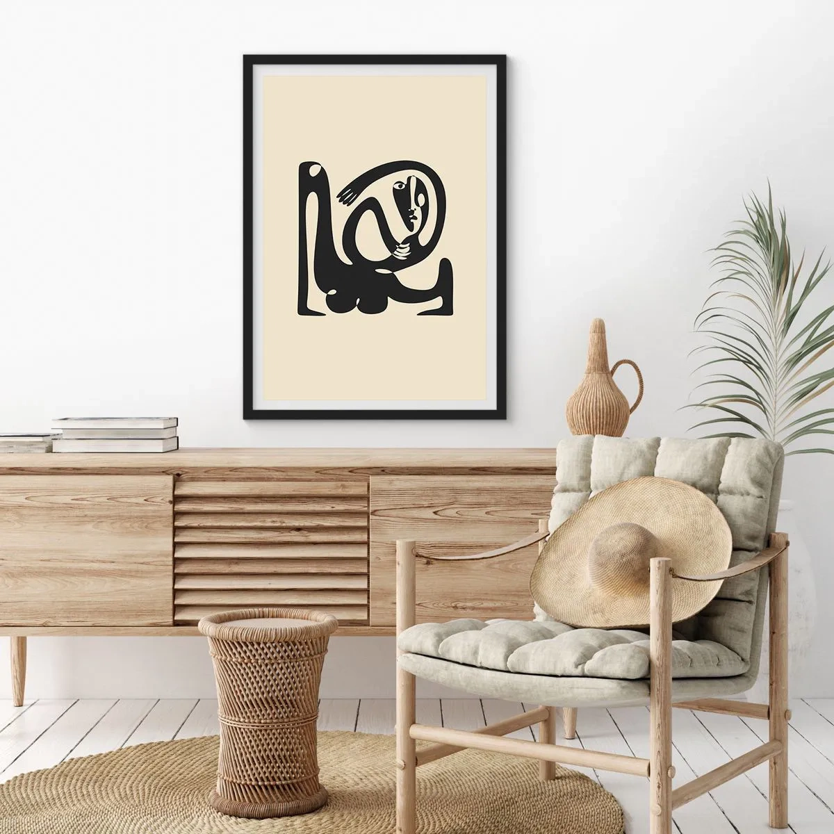 Plagát v čiernom ráme - Abstraktná postava na béžovom pozadí s čiernymi čiarami - 50x70cm - Skoro Picasso - Moderná nástenná dekorácia do obývacej izby a spálne ARTTOR