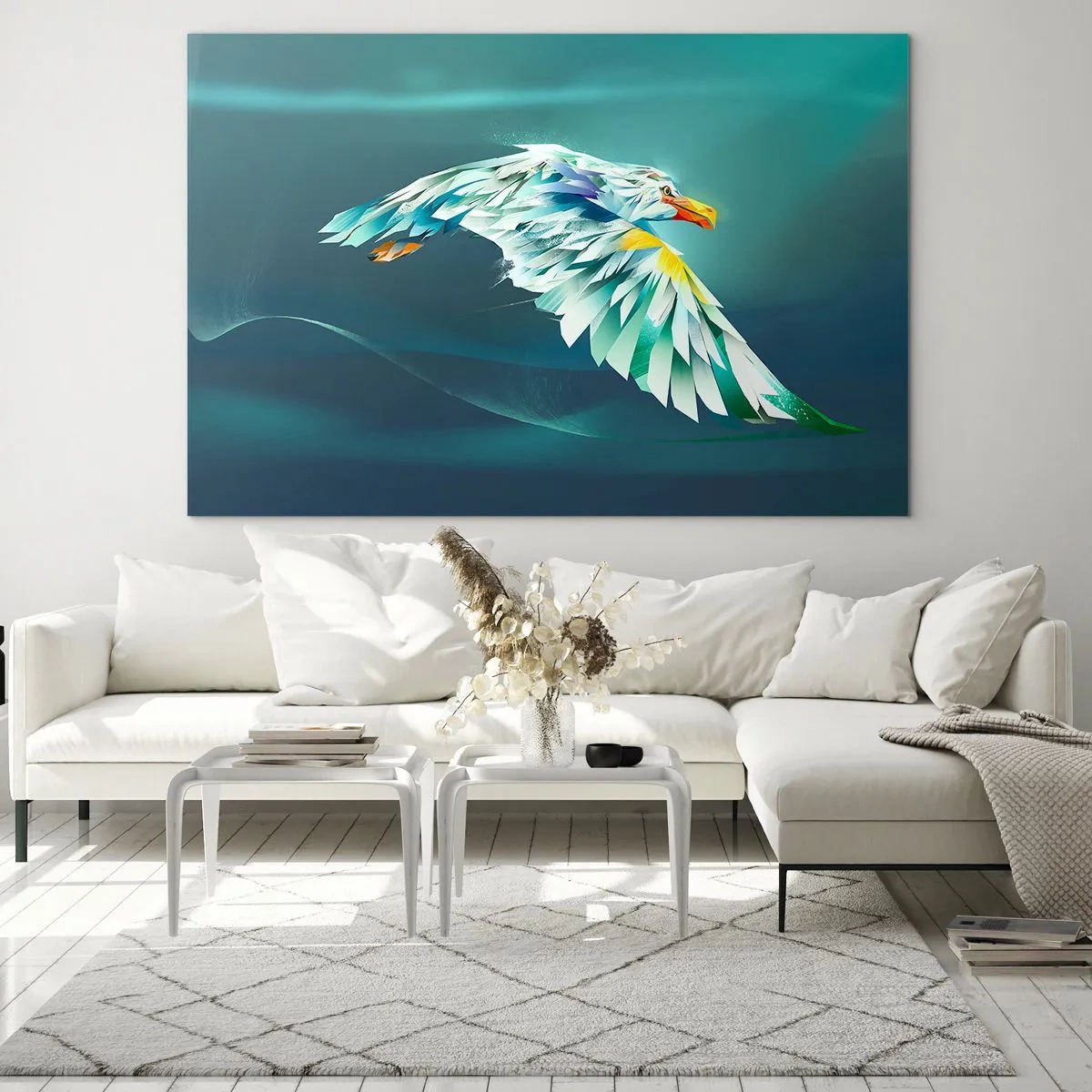 Obraz na skle - Abstraktný obraz orla v odtieňoch modrej a bielej na pozadí vĺn. - 70x50cm - Orlia sila tvojich letov - Moderná nástenná dekorácia do obývacej izby a spálne ARTTOR