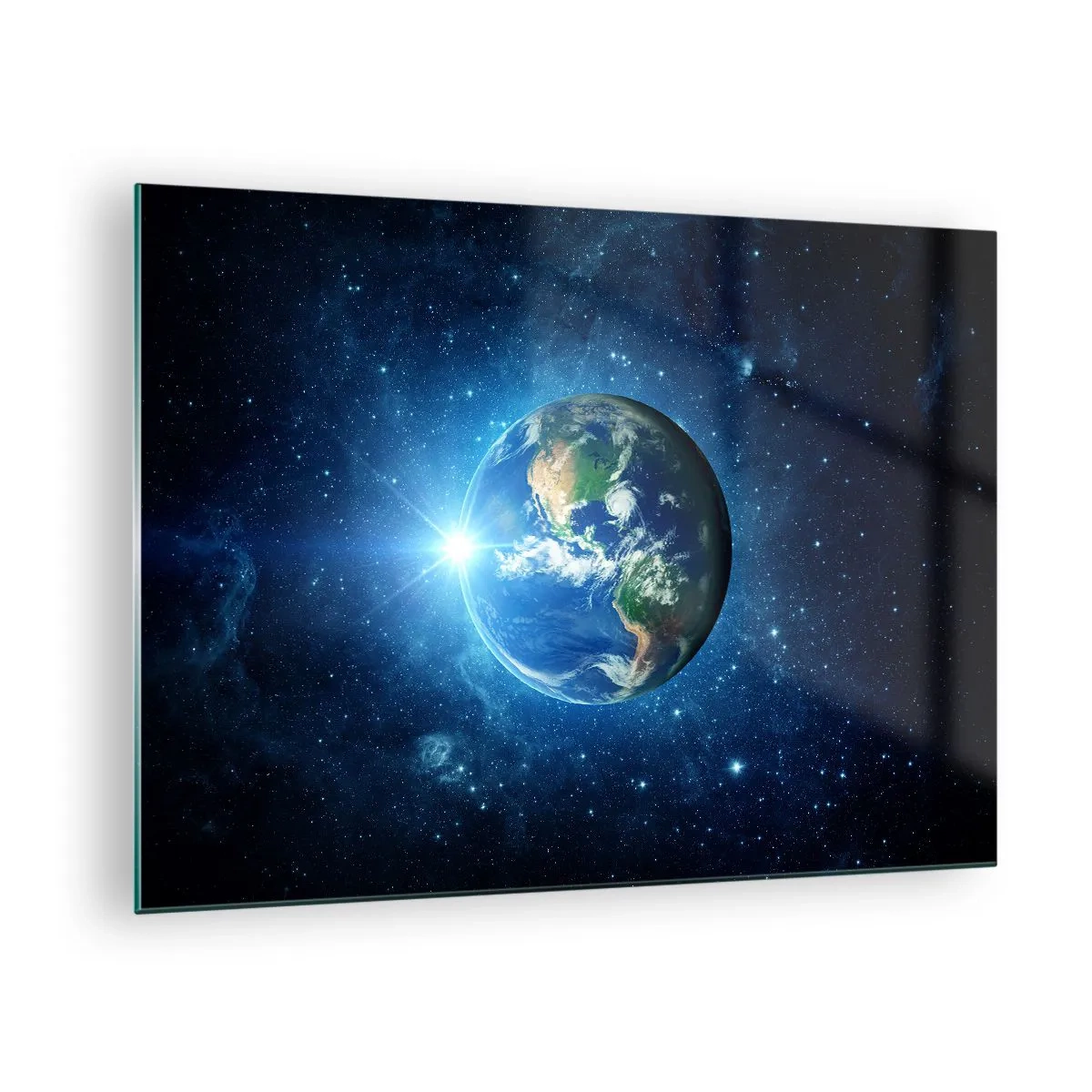 Obraz na skle - Zem videná z vesmíru s lúčmi svetla - 70x50cm - Sme v nebi - Moderná nástenná dekorácia do obývacej izby a spálne ARTTOR