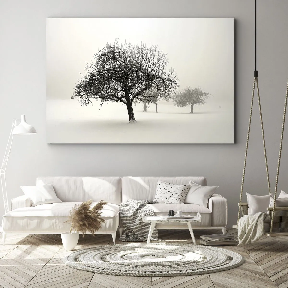 Obraz na plátne - Stromy na zasneženom poli obklopené hmlou - 70x50cm - Zimný sen - Moderná nástenná dekorácia do obývacej izby a spálne ARTTOR