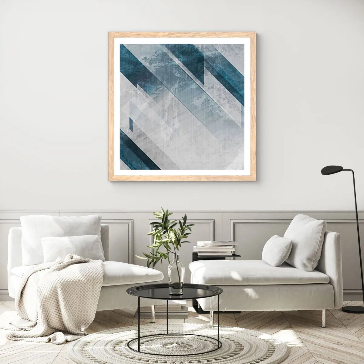 Plagát v ráme zo svetlého duba - Priestorová kompozícia – pohyb šedej - 60x60 cm