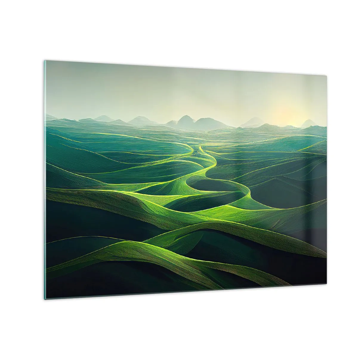 Obraz na skle - Zelené kopce a údolia osvetlené slnečnými lúčmi - 70x50cm - V zelených údoliach - Moderná nástenná dekorácia do obývacej izby a spálne ARTTOR