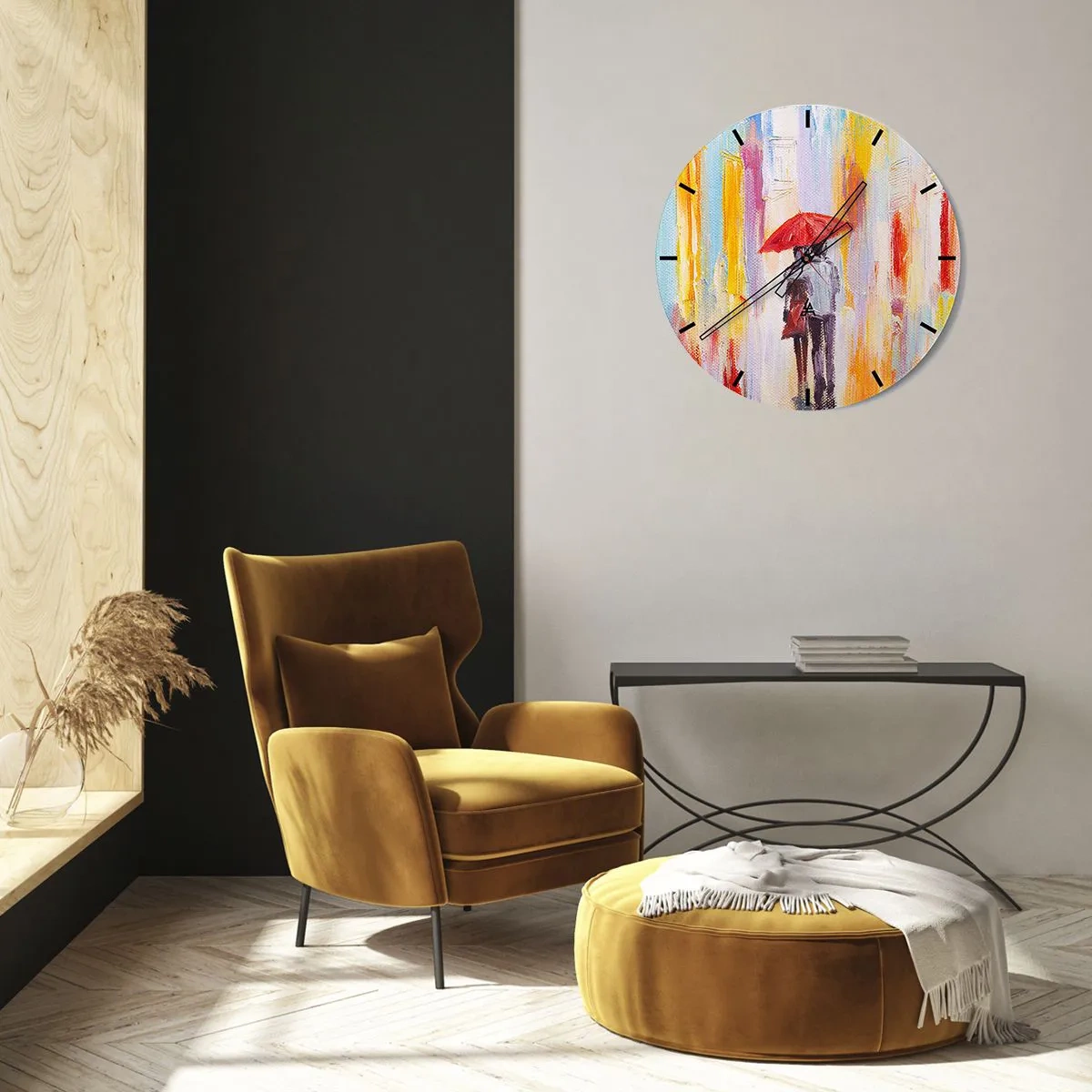 Nástenné hodiny - Postava s červeným dáždnikom na pozadí farebného mesta - 30x30cm - Nech prší ďalej - Moderná nástenná dekorácia do obývacej izby, kuchyne a spálne ARTTOR