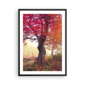 Plagát v čiernom ráme - Strom s červenými listami v jesennej krajine - 50x70cm - Šialenstvo rozkvetu - Moderná nástenná dekorácia do obývacej izby a spálne ARTTOR