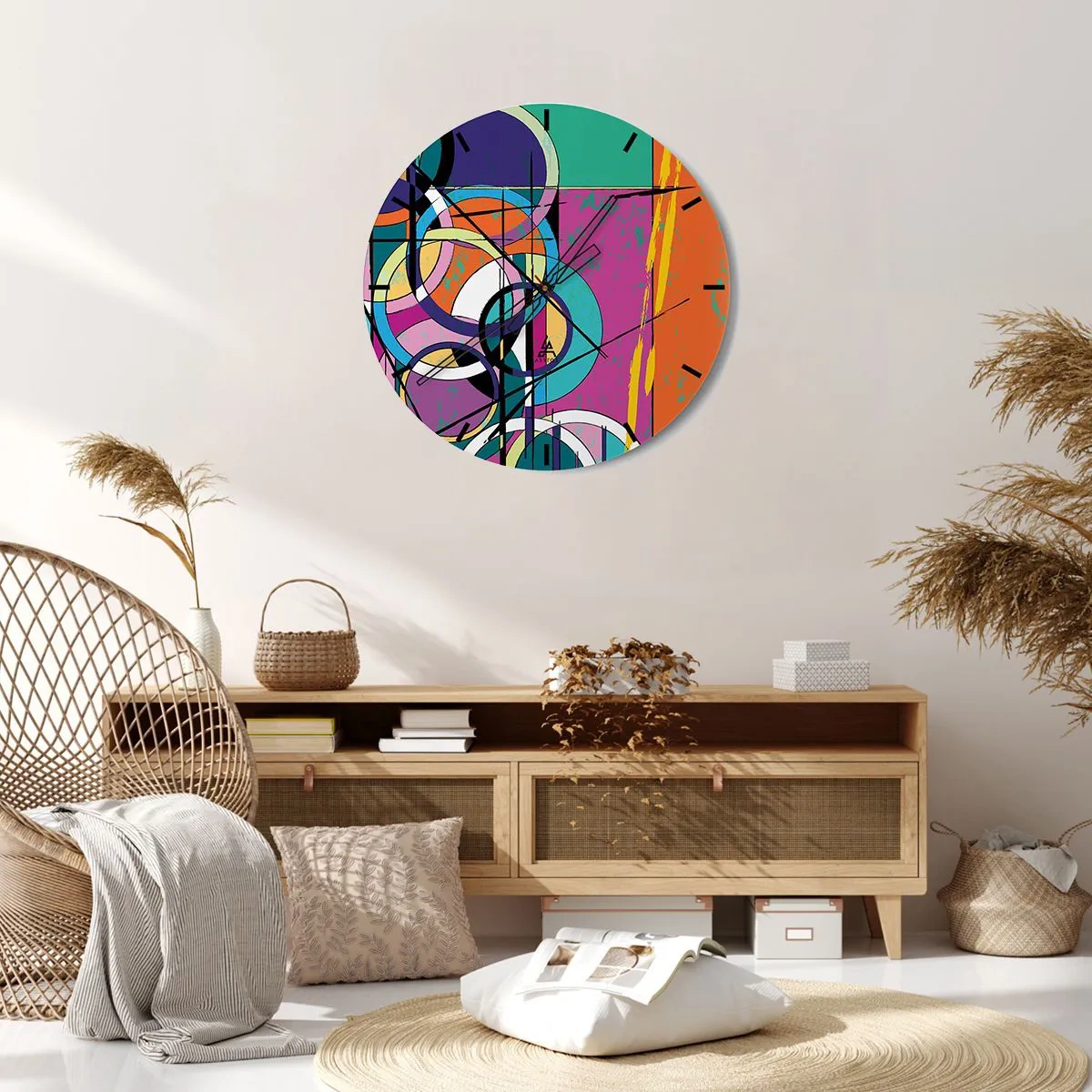 Nástenné hodiny - Ciferník hodín s abstraktným geometrickým motívom v živých farbách. - 30x30cm - Kruh za kruhom - Moderná nástenná dekorácia do obývacej izby, kuchyne a spálne ARTTOR