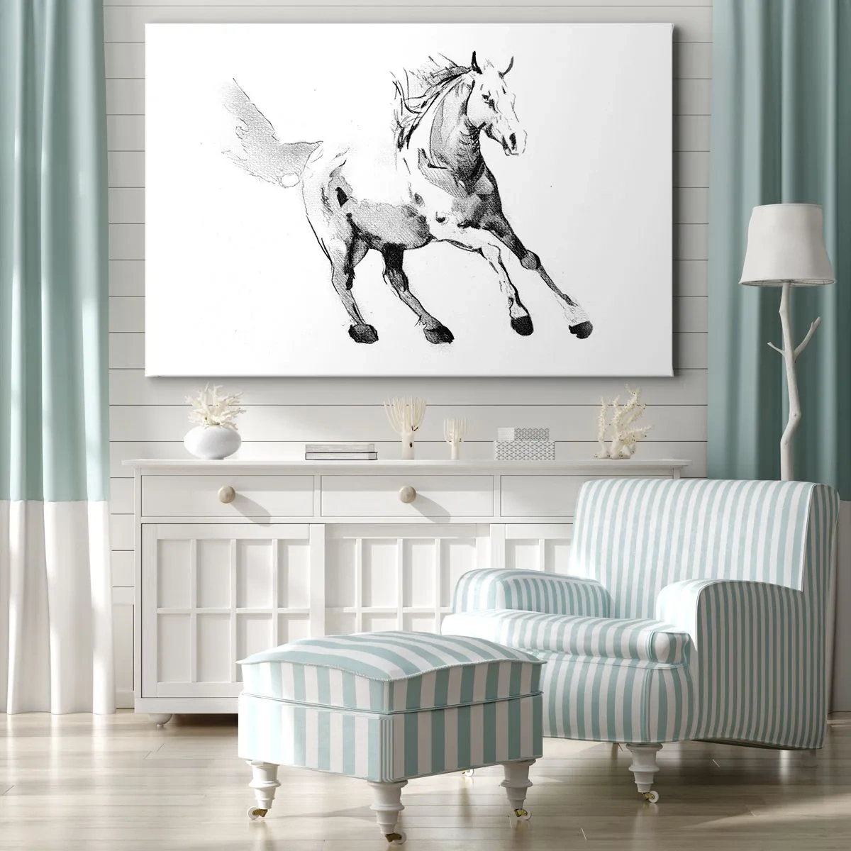 Obraz na plátne - Náčrt cválajúceho koňa v odtieňoch čiernej a bielej - 70x50cm - Neskrotená duša - Moderná nástenná dekorácia do obývacej izby a spálne ARTTOR