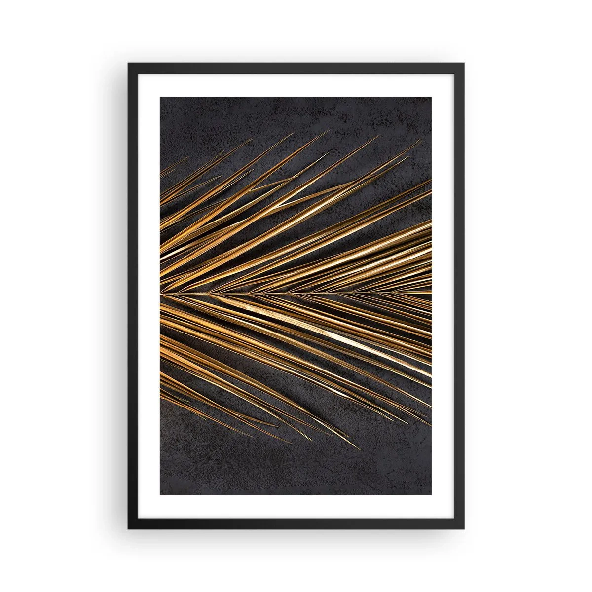 Plagát v čiernom ráme - Zlaté listy na tmavom pozadí - 50x70cm - Zlato trópov - Moderná nástenná dekorácia do obývacej izby a spálne ARTTOR