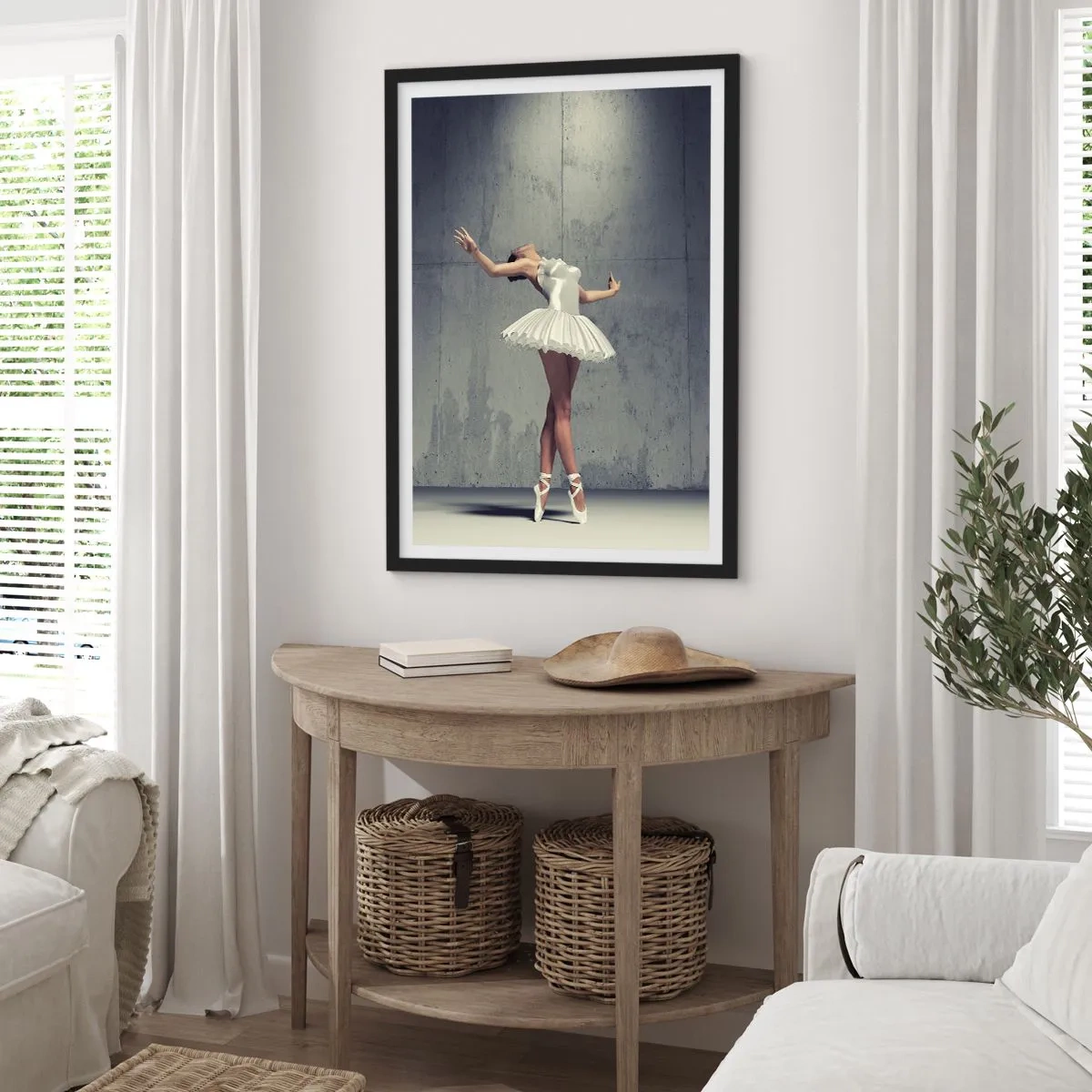Plagát v čiernom ráme - Baletka v bielych šatách na pozadí surovej betónovej steny. - 50x70cm - Ľahko ako vták - Moderná nástenná dekorácia do obývacej izby a spálne ARTTOR
