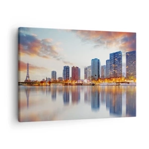Obraz na plátne - Panoráma moderných budov a Eiffelovej veže nad vodou - 70x50cm - Monumentálny pokoj Paríža - Moderná nástenná dekorácia do obývacej izby a spálne ARTTOR