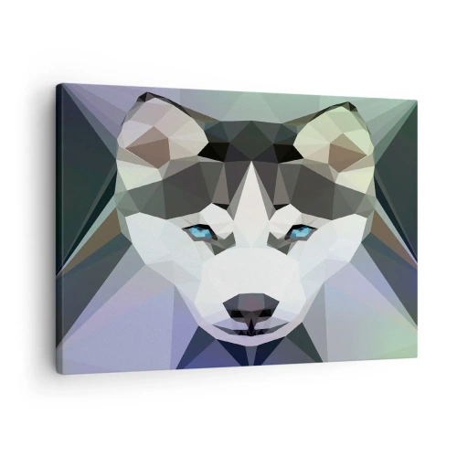 Obraz na plátne - Geometrický vlk s výraznými modrými očami - 70x50cm - Spomienka na sneh na severe - Moderná nástenná dekorácia do obývacej izby a spálne ARTTOR