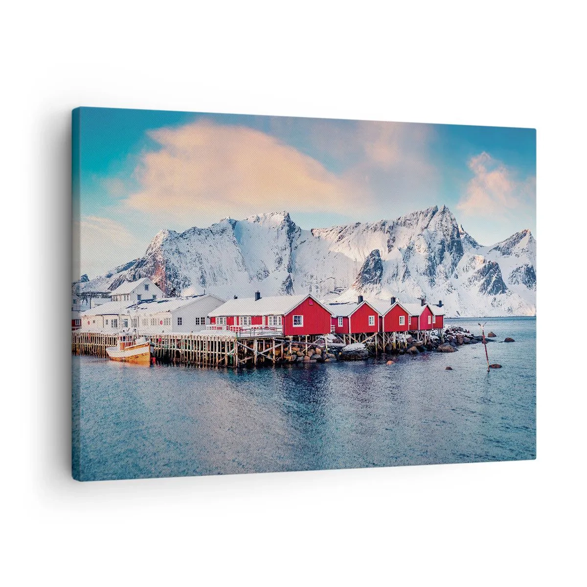 Obraz na plátne - Červené domy na pozadí zasnežených hôr a modrého mora - 70x50cm - Severné útočisko - Moderná nástenná dekorácia do obývacej izby a spálne ARTTOR