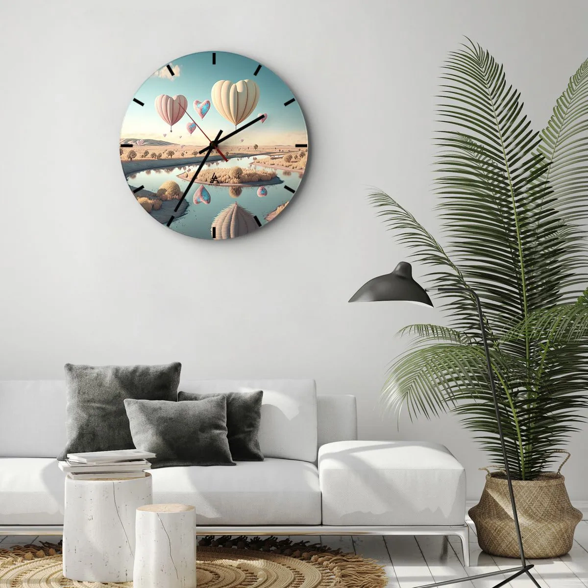 Nástenné hodiny - Balóny v tvare srdca plávajúce nad riekou - 30x30cm - Láska ťa nechá vzlietnuť - Moderná nástenná dekorácia do obývacej izby, kuchyne a spálne ARTTOR