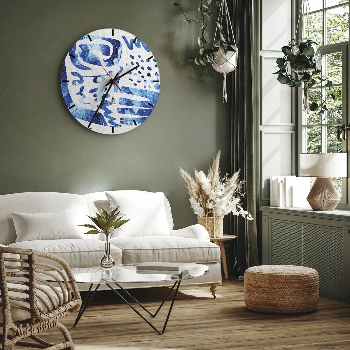 Nástenné hodiny - Abstraktné modré vzory na bielom pozadí - 30x30cm - Späť ku koreňom - Moderná nástenná dekorácia do obývacej izby, kuchyne a spálne ARTTOR