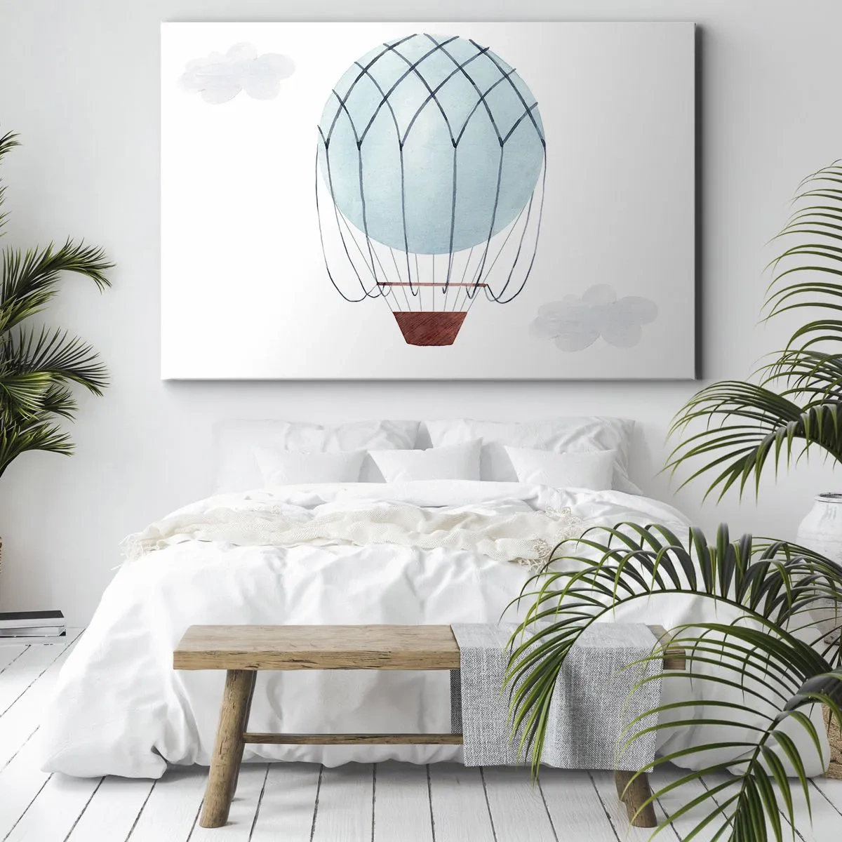 Obraz na plátne - Ručne maľovaný balón na pozadí jemných oblakov. - 70x50cm - Celý v oblakoch - Moderná nástenná dekorácia do obývacej izby a spálne ARTTOR