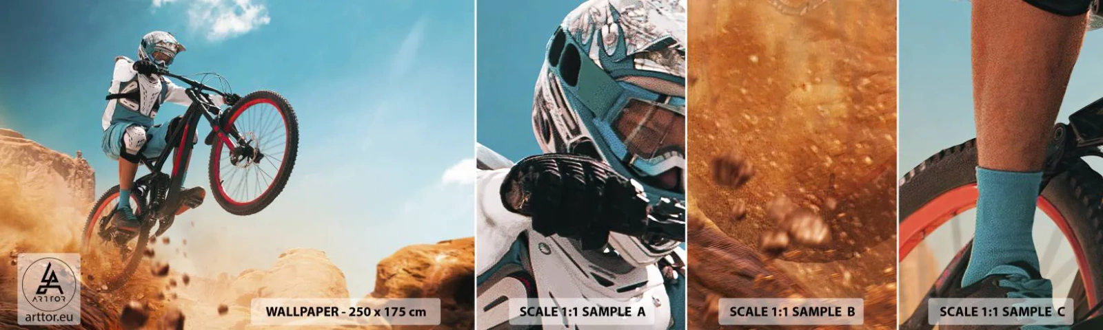 Vzorka samolepiacej fototapety Deluxe Sticker - Cyklistický démon šialenstva - Bicykel, Rýchlosť, Športové súťaže - 100x30 cm