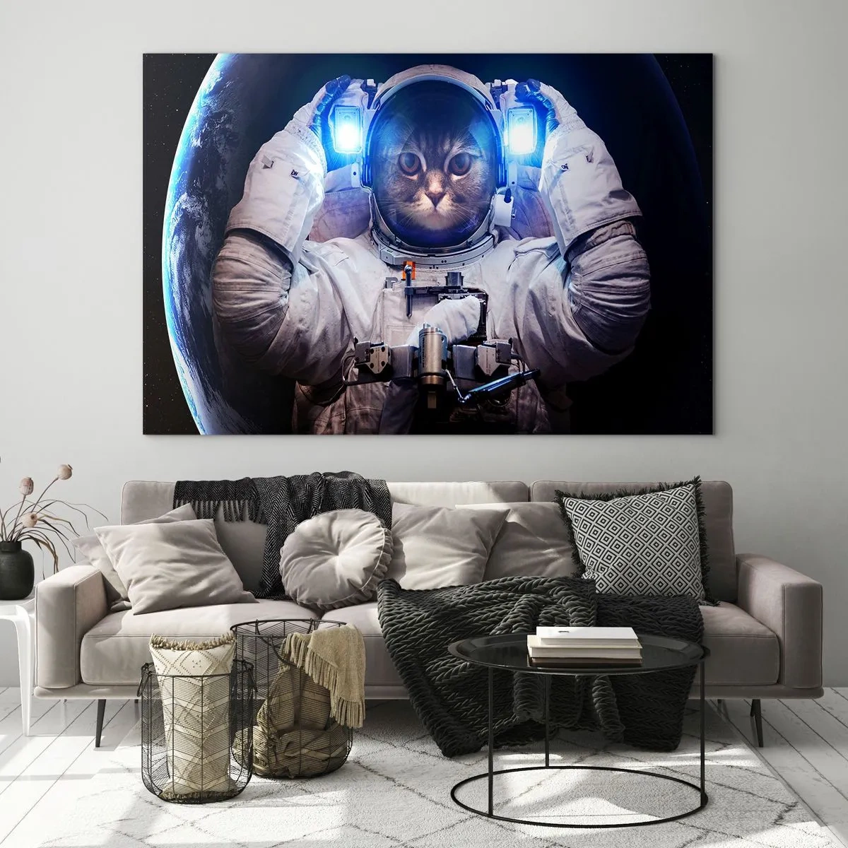 Obraz na skle - Kozmonaut s mačacou hlavou vo vesmíre - 70x50cm - Houston, máte problém - Moderná nástenná dekorácia do obývacej izby a spálne ARTTOR