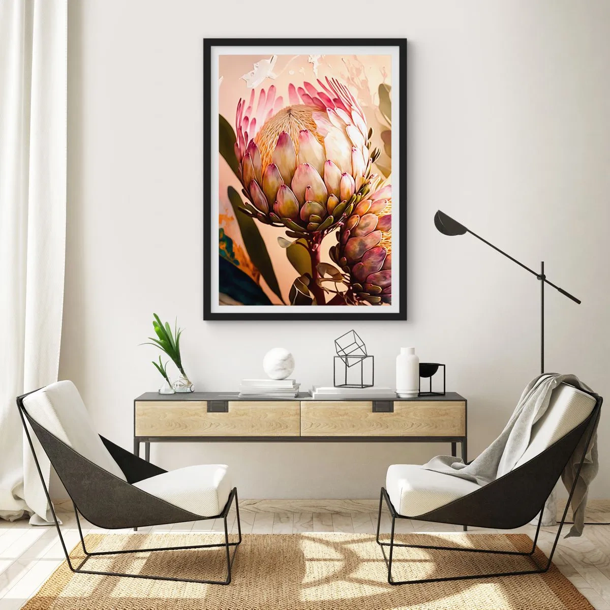 Plagát v čiernom ráme - Detailný záber na kvet protey v teplých farbách - 50x70cm - Nežne objaté - Moderná nástenná dekorácia do obývacej izby a spálne ARTTOR