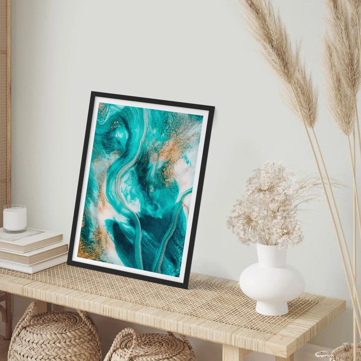 Plagát v čiernom ráme - Abstraktná kompozícia v odtieňoch tyrkysovej a zlatej. - 50x70cm - Rieka zlata - Moderná nástenná dekorácia do obývacej izby a spálne ARTTOR