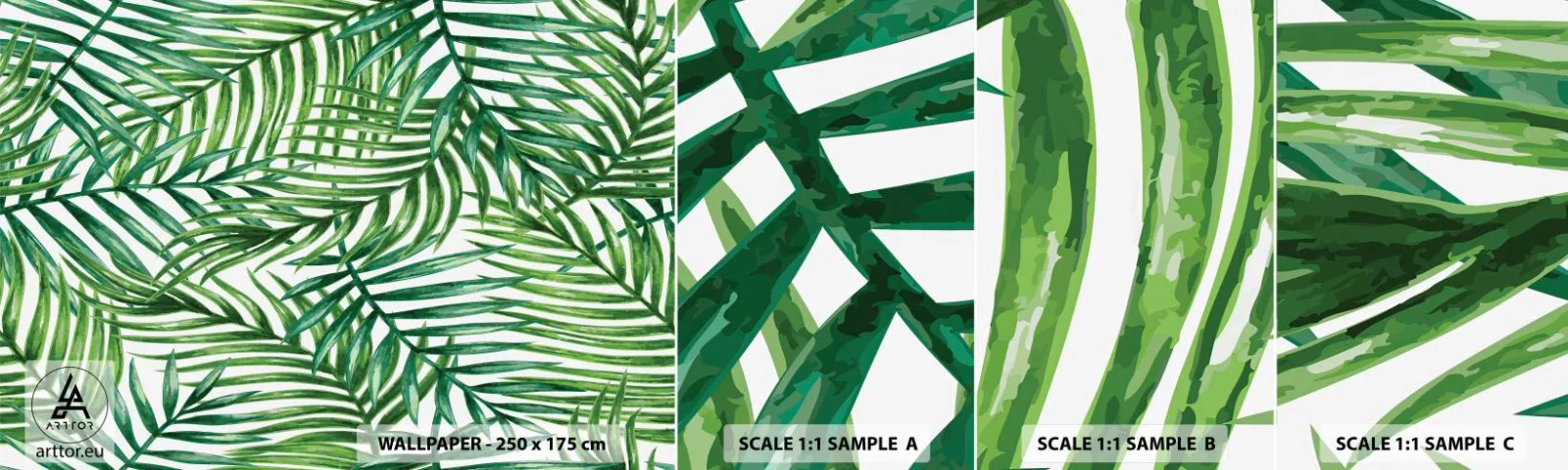 Vzorka samolepiacej fototapety Deluxe Sticker - Pod zeleným baldachýnom - Abstrakcia, Palmový list, Kokosová palma - 100x30 cm