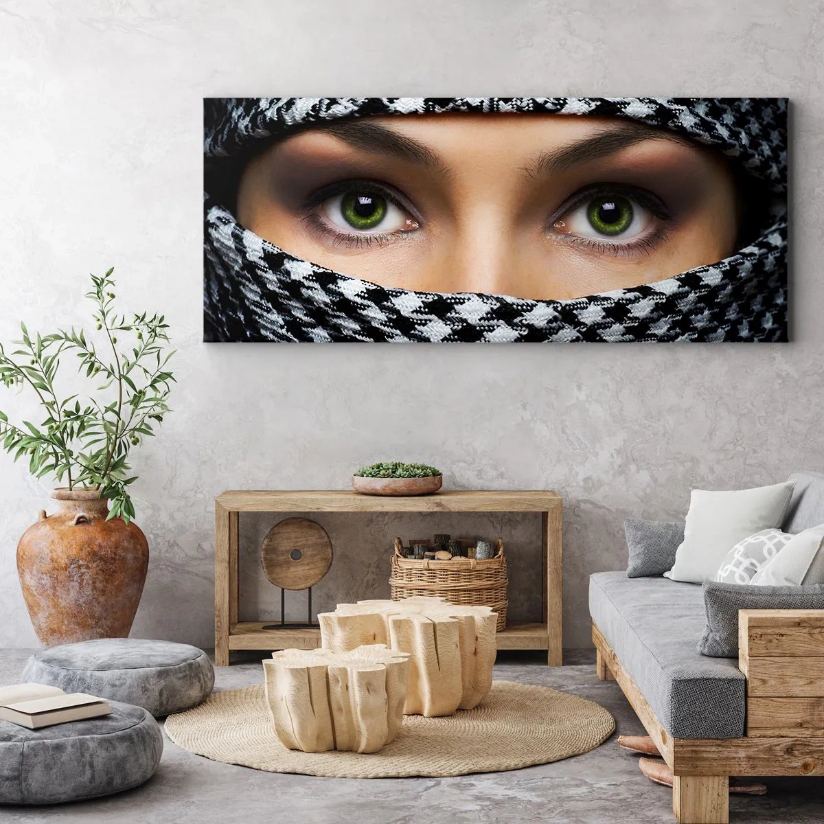 Obraz na plátne - Portrét zahalenej zelenookej krásky - 120x50 cm