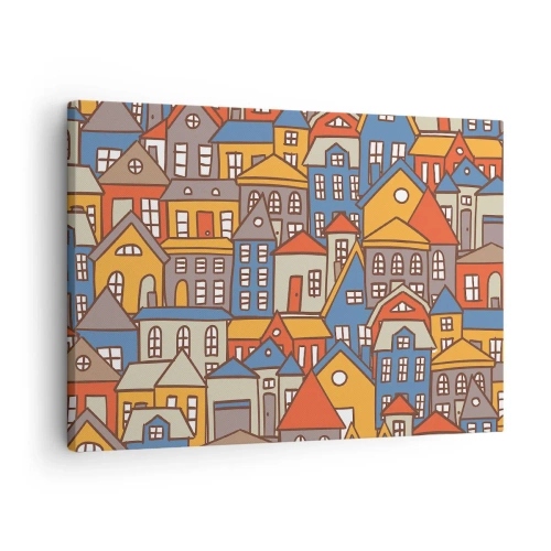 Obraz na plátne - Farebné domy v grafickom štýle na svetlom pozadí - 70x50cm - Za domom dom - Moderná nástenná dekorácia do obývacej izby a spálne ARTTOR