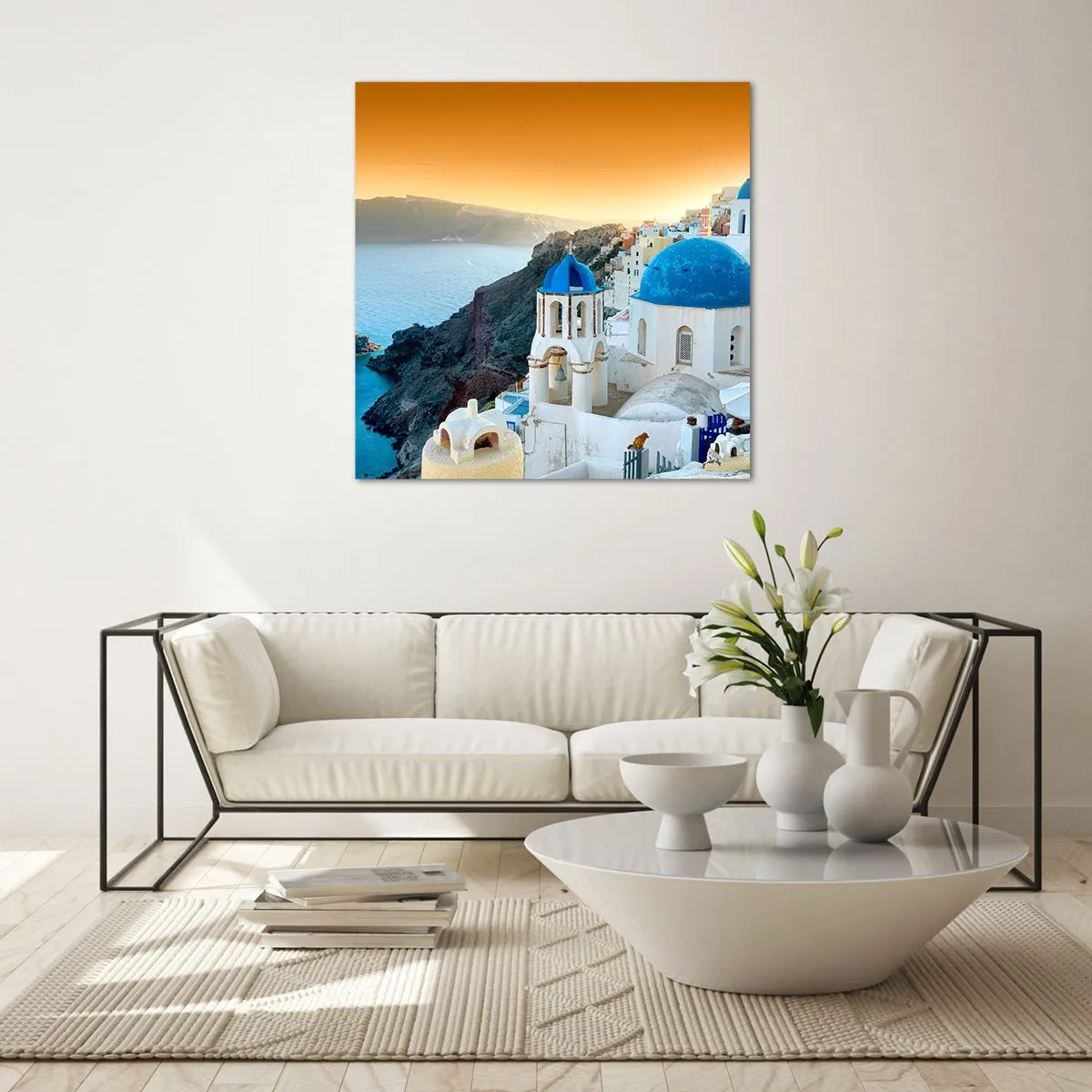 Obraz na skle - Santorini - v náruči skál - 70x70 cm