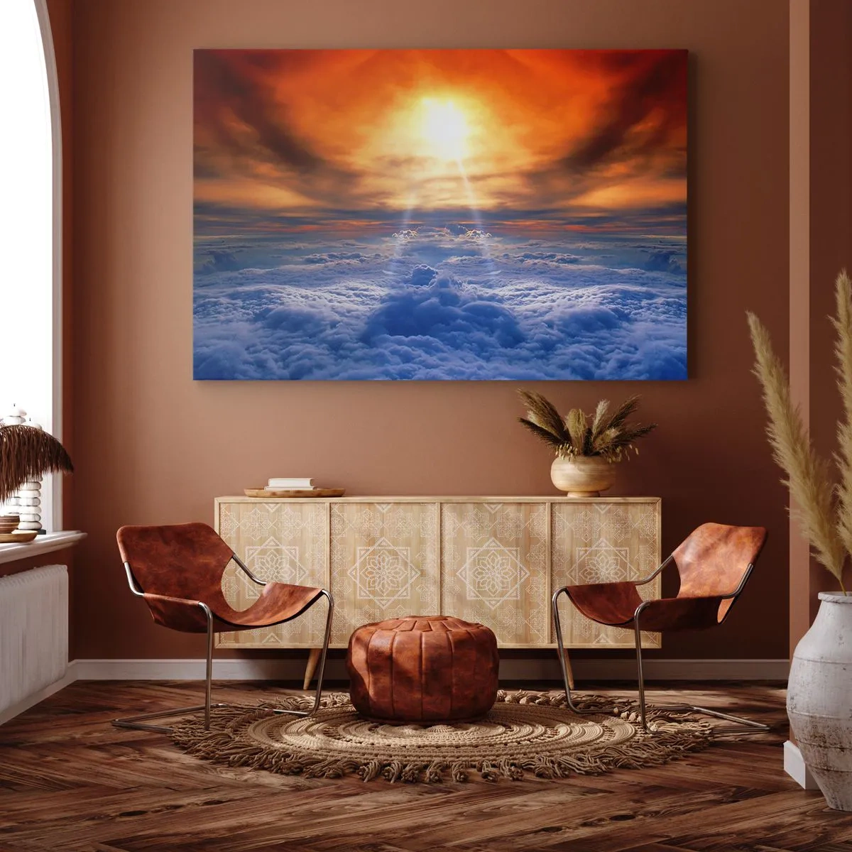 Obraz na plátne - Západ slnka nad oblakmi, obloha plná zlatých farieb a svetla. - 70x50cm - Mystická krajina - Moderná nástenná dekorácia do obývacej izby a spálne ARTTOR
