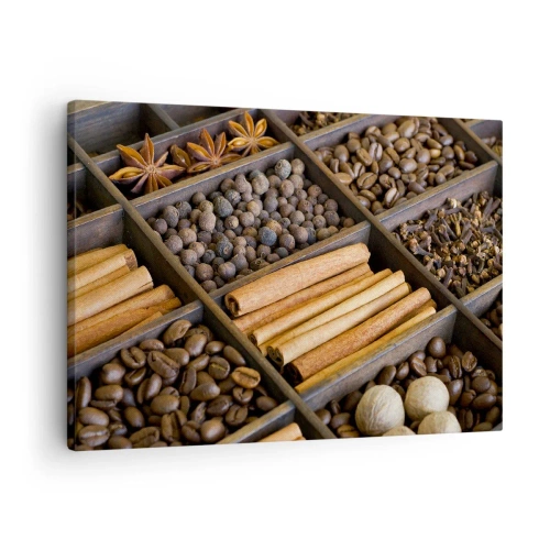 Obraz na plátne - Korenie a káva v drevených priehradkách - 70x50cm - Pokladnice vôní - Moderná nástenná dekorácia do obývacej izby a spálne ARTTOR