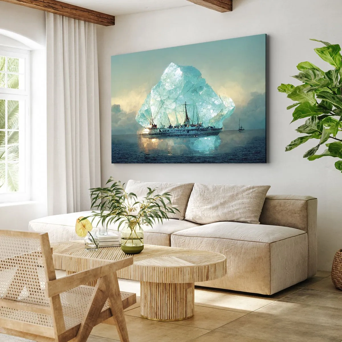 Obraz na plátne - Loď s majestátnym ľadovcom v pozadí - 70x50cm - Arktický briliant - Moderná nástenná dekorácia do obývacej izby a spálne ARTTOR