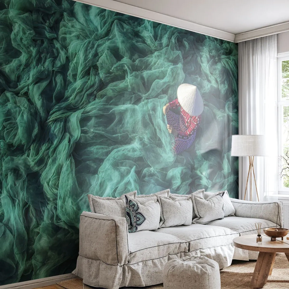 Fototapeta Premium Sand - V mori sietí - Rybárska sieť, Žena, Vietnam - 150x105 cm