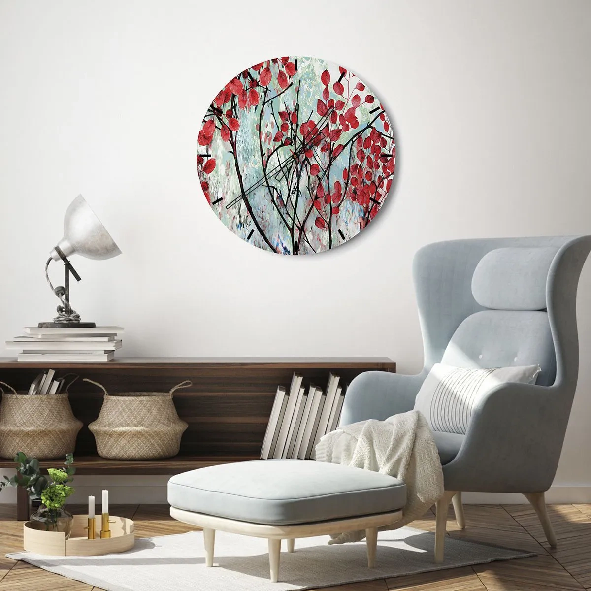 Nástenné hodiny - Konáre s červenými listami na maľovanom pozadí - 30x30cm - Strom v šarlátovej - Moderná nástenná dekorácia do obývacej izby, kuchyne a spálne ARTTOR