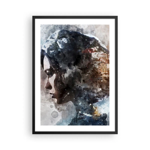 Plagát v čiernom ráme - Silueta ženy s akvarelovou krajinou v pozadí - 50x70cm - Príbeh o dievčati s mestom v pozadí - Moderná nástenná dekorácia do obývacej izby a spálne ARTTOR