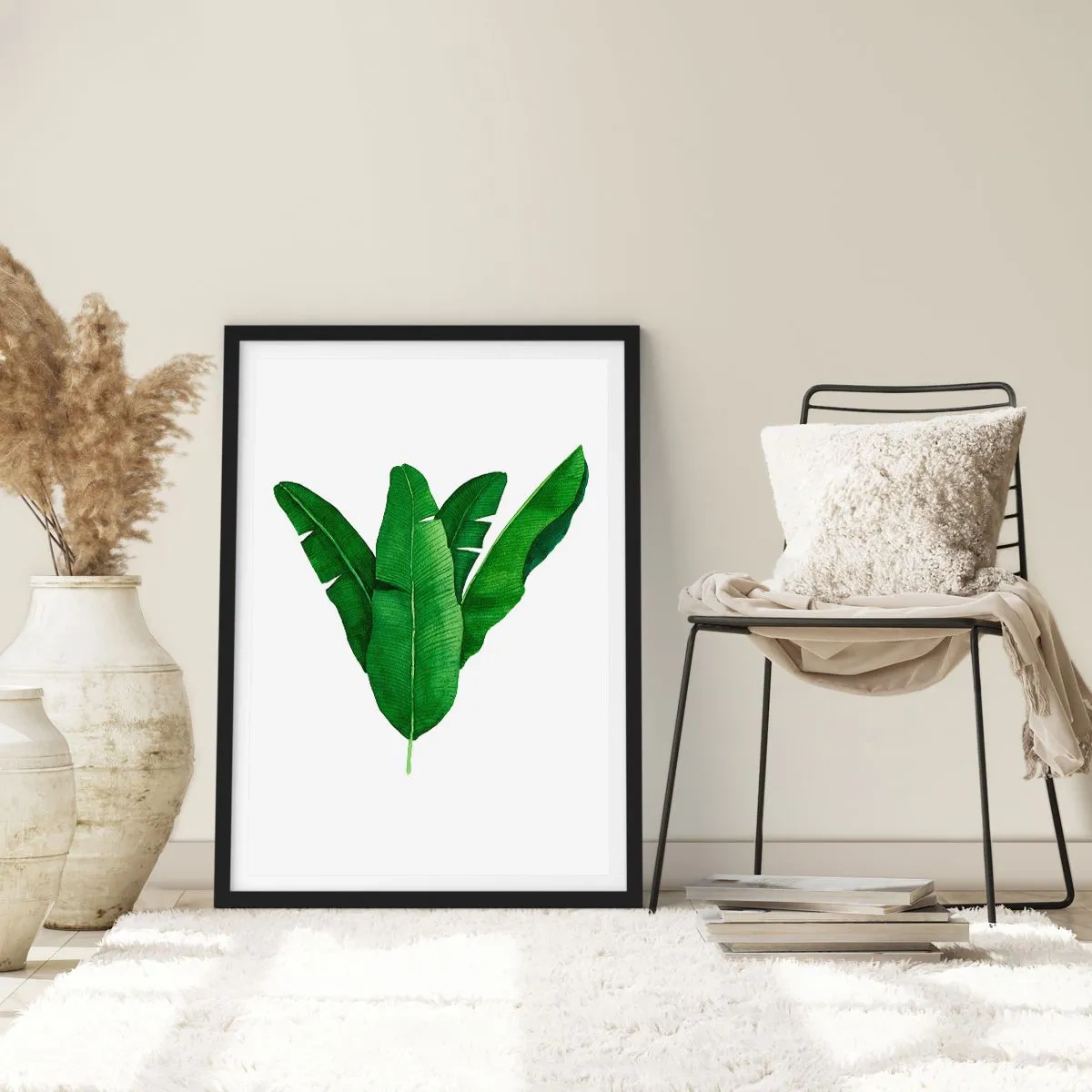Plagát v čiernom ráme - Akvarelová ilustrácia symetricky usporiadaných banánových listov na bielom pozadí. - 50x70cm - Zelená symetria - Moderná nástenná dekorácia do obývacej izby a spálne ARTTOR