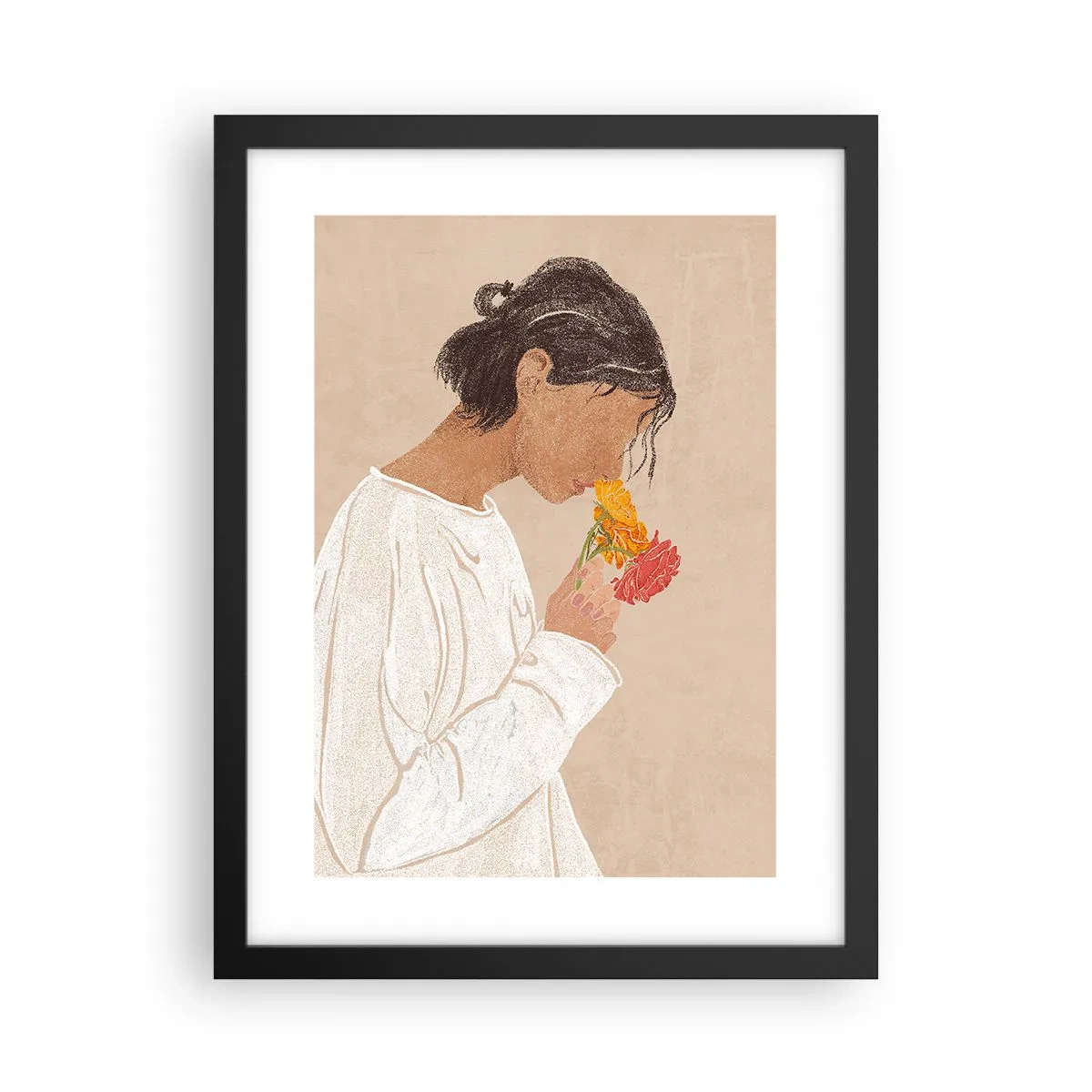 Plagát v čiernom ráme - Dievča a kvety - 30x40 cm