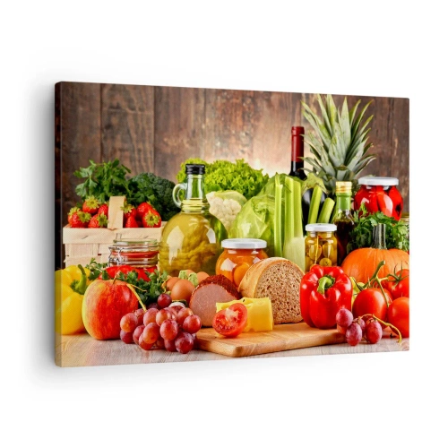 Obraz na plátne - Farebné ovocie, zelenina a potravinárske výrobky - 70x50cm - Údené, pečené, marinované - Moderná nástenná dekorácia do obývacej izby a spálne ARTTOR