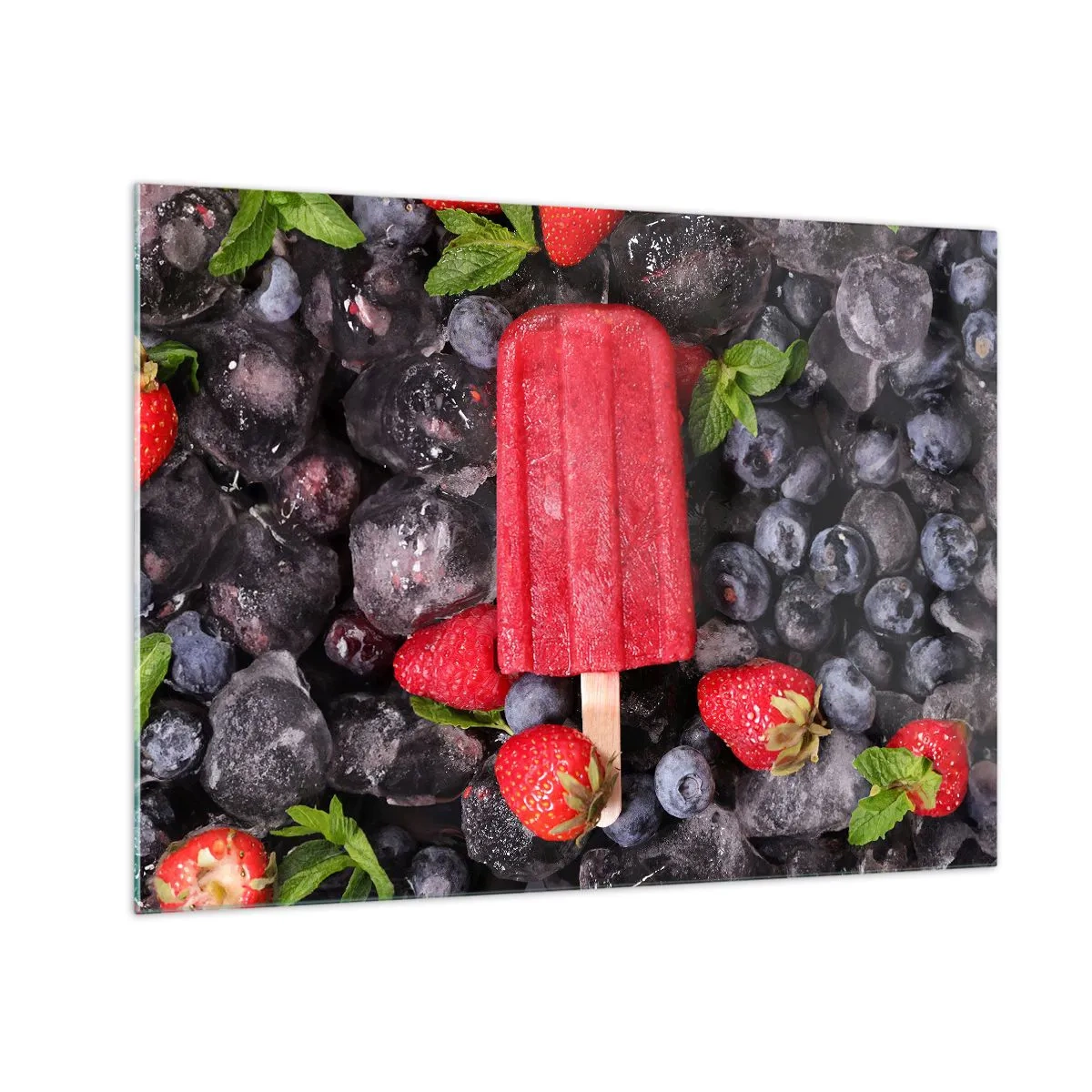 Obraz na skle - Ľadová tyčinka medzi mrazeným ovocím a listami mäty - 70x50cm - Chuť horúceho leta - Moderná nástenná dekorácia do obývacej izby a spálne ARTTOR
