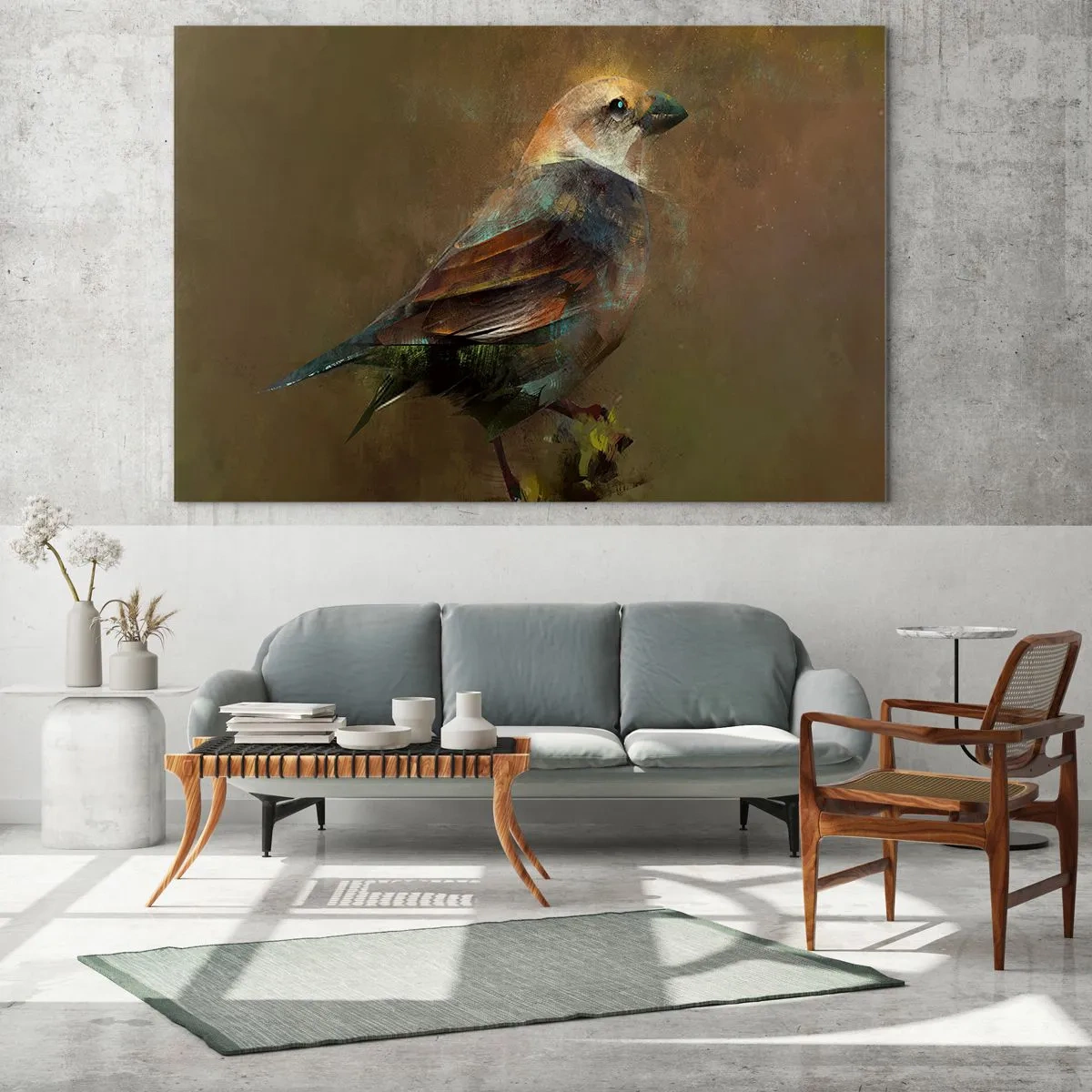 Obraz na skle - Vrabec v umeleckom, maliarskom štýle na neutrálnom pozadí - 70x50cm - Vrabček, maličký vtáčik - Moderná nástenná dekorácia do obývacej izby a spálne ARTTOR