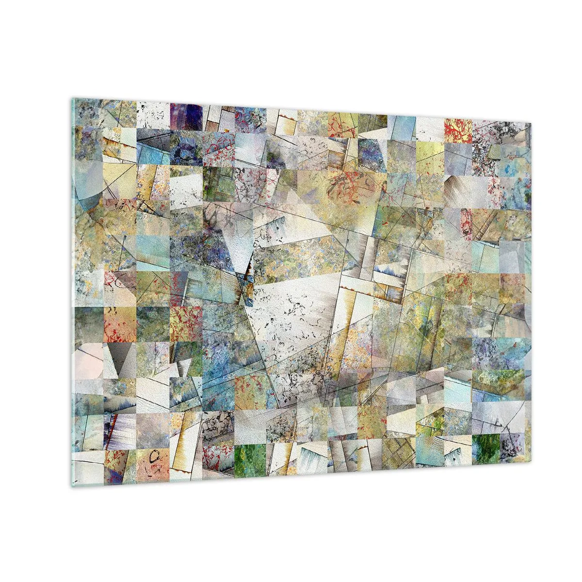 Obraz na skle - Farebná kompozícia fragmentovaných geometrických tvarov - 70x50cm - Geometrické preskupenie - Moderná nástenná dekorácia do obývacej izby a spálne ARTTOR