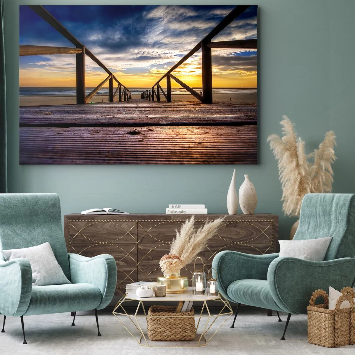 Obraz na plátne - Drevené mólo vedúce na pláž pri západe slnka - 70x50cm - Priamo na tichú pláž pri západe slnka - Moderná nástenná dekorácia do obývacej izby a spálne ARTTOR