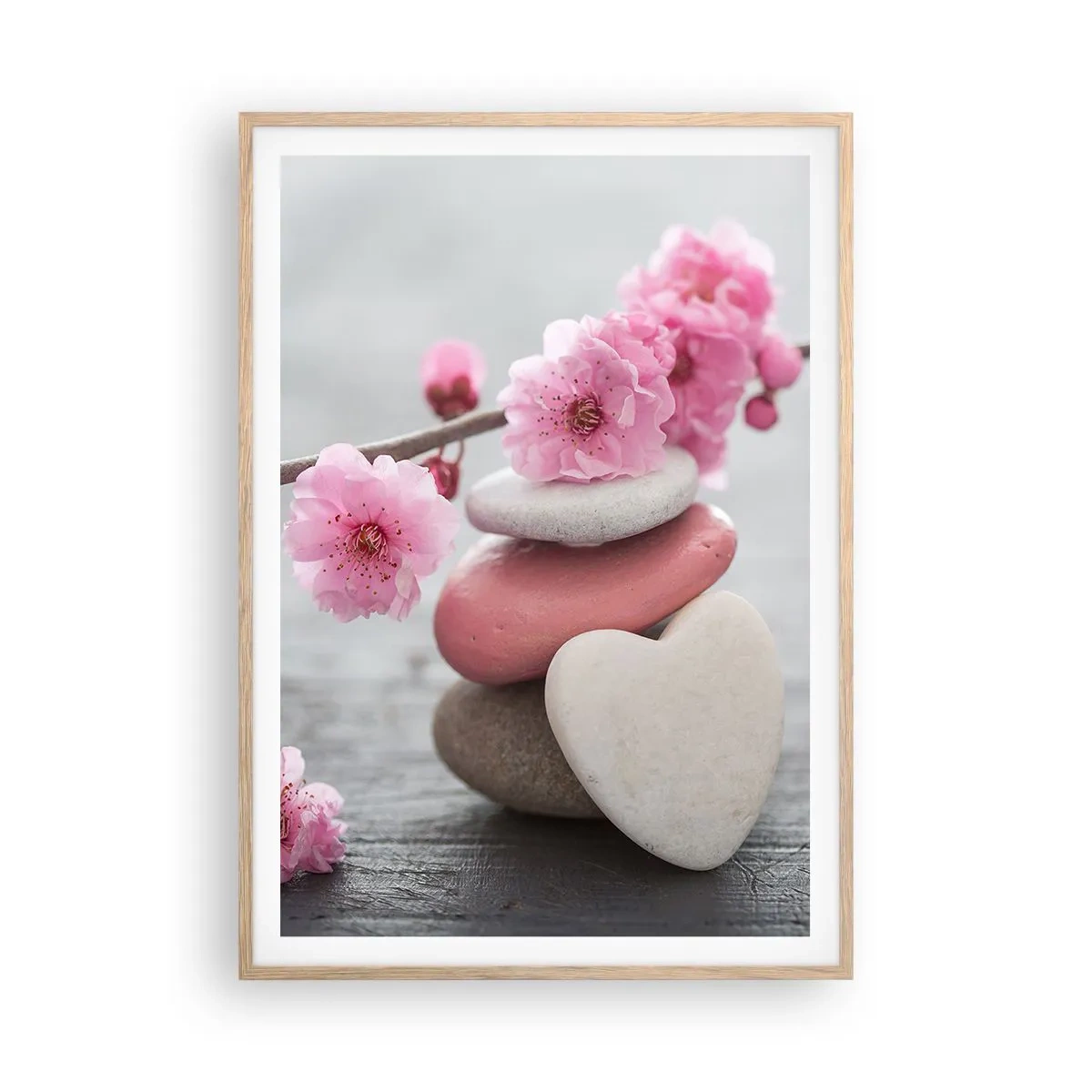 Plagát v ráme zo svetlého duba - Blaženosť s višňovým kvetom - 70x100 cm