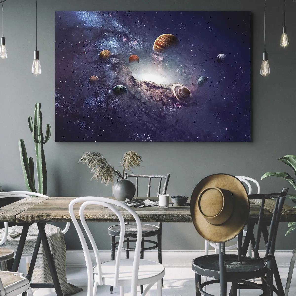 Obraz na plátne - Planéty v galaxii s hmlovinou v pozadí - 70x50cm - Slnko a tanec - Moderná nástenná dekorácia do obývacej izby a spálne ARTTOR