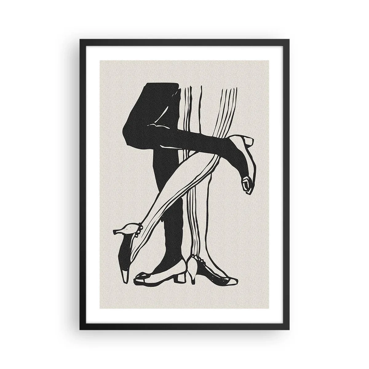 Plagát v čiernom ráme - Čiernobiela ilustrácia prepletených nôh tancujúcich - 50x70cm - Ženský atribút - Moderná nástenná dekorácia do obývacej izby a spálne ARTTOR