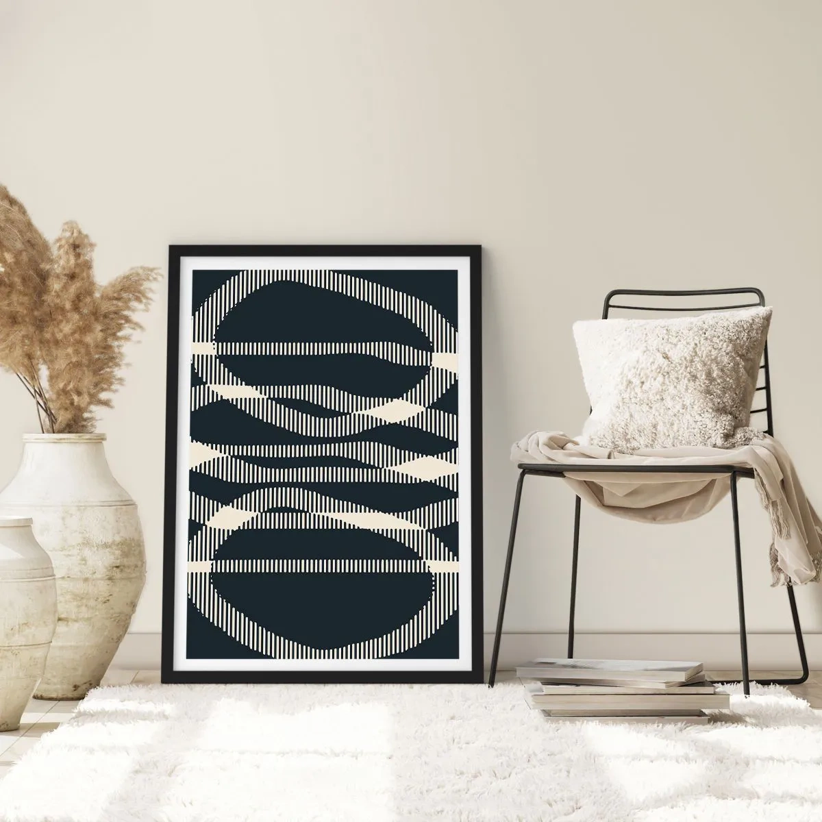 Plagát v čiernom ráme - Abstraktný geometrický motív v odtieňoch čiernej a bielej - 50x70cm - Pokus o prelomenie temnoty - Moderná nástenná dekorácia do obývacej izby a spálne ARTTOR