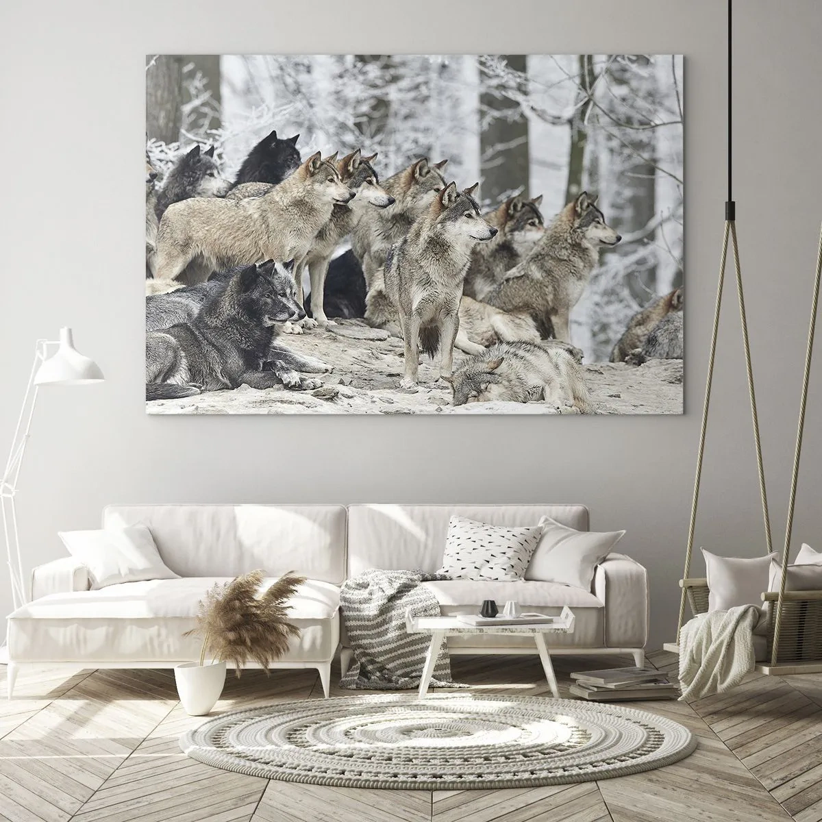 Obraz na skle - Svorka vlkov v zimnom lese - 70x50cm - Rodina a priatelia - Moderná nástenná dekorácia do obývacej izby a spálne ARTTOR
