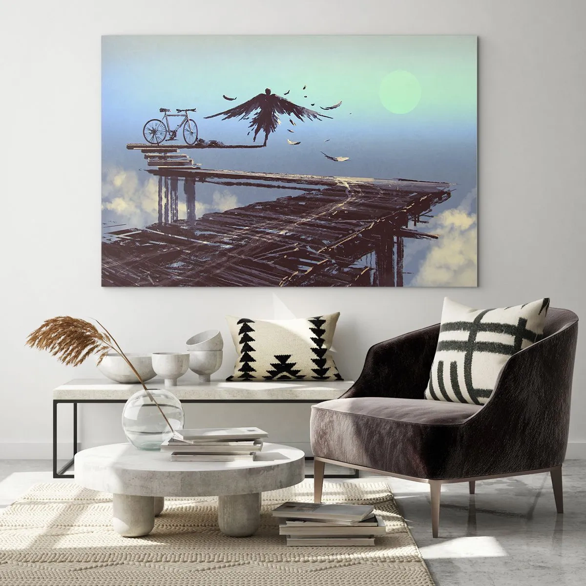 Obraz na skle - Postava s bicyklom na drevenom moste nad oblakmi - 70x50cm - Ikaros večne živý - Moderná nástenná dekorácia do obývacej izby a spálne ARTTOR