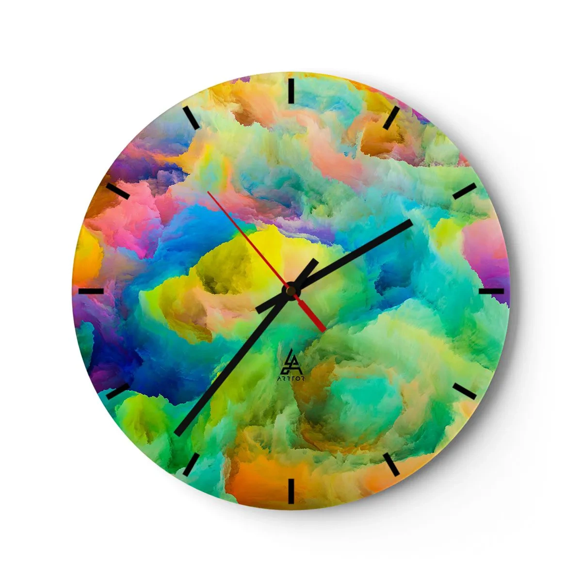 Nástenné hodiny - Abstraktné, farebné oblaky v jasných farbách - 30x30cm - Dúhové páperie - Moderná nástenná dekorácia do obývacej izby, kuchyne a spálne ARTTOR