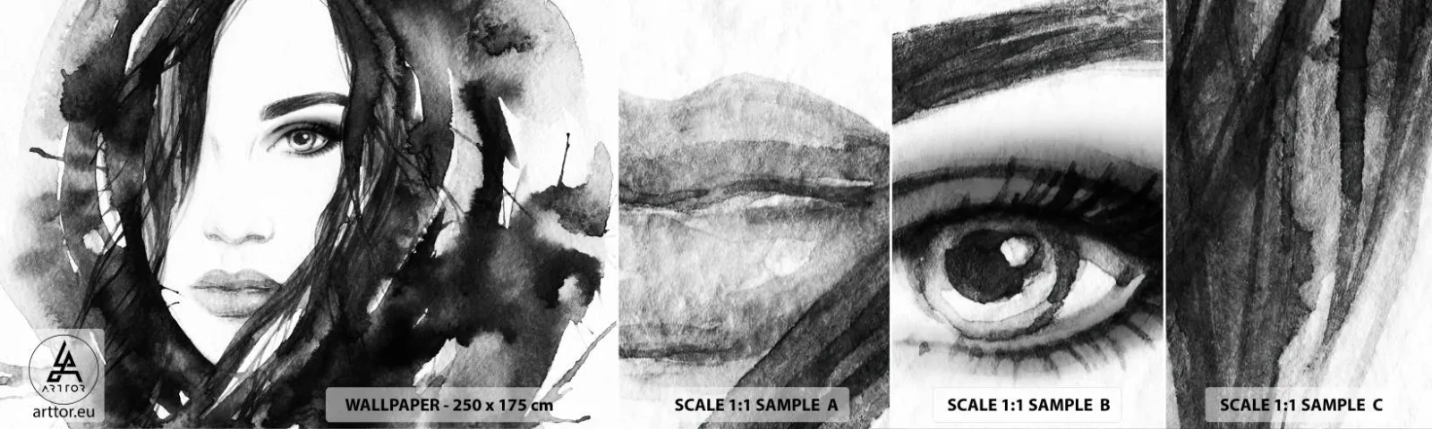 Vzorka Fototapeta Standard Eco - Portrét dámy v čiernej a bielej - Abstrakcia, Ženská tvár, Portrét - 100x30 cm