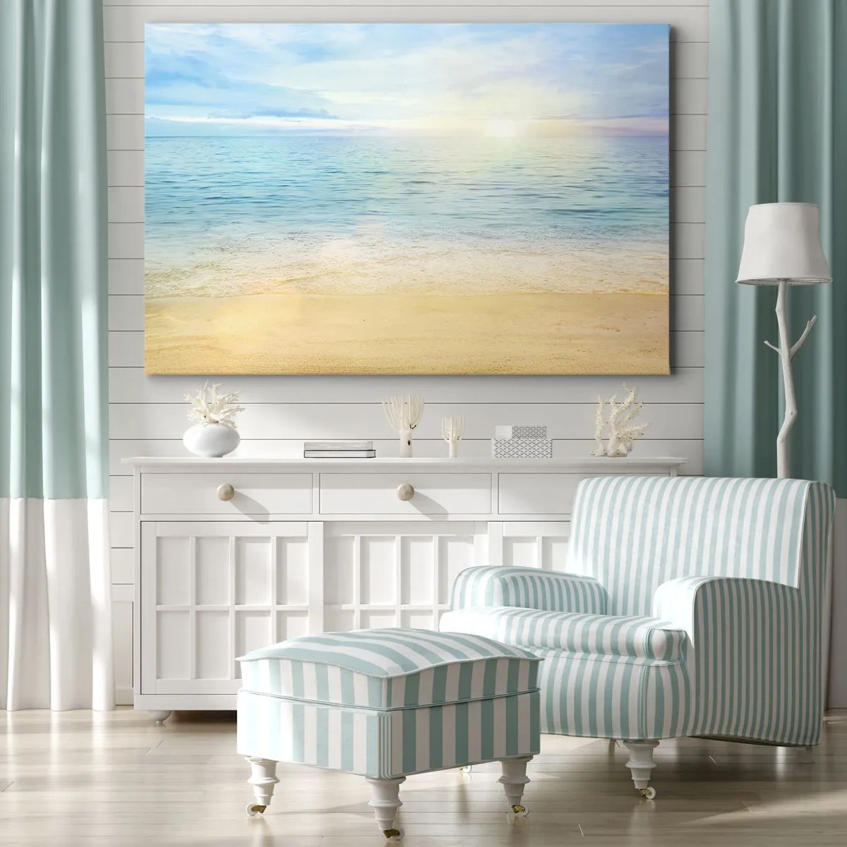 Obraz na plátne - Pláž s tyrkysovým morom a jasnou oblohou - 70x50cm - Veľká modrá - Moderná nástenná dekorácia do obývacej izby a spálne ARTTOR